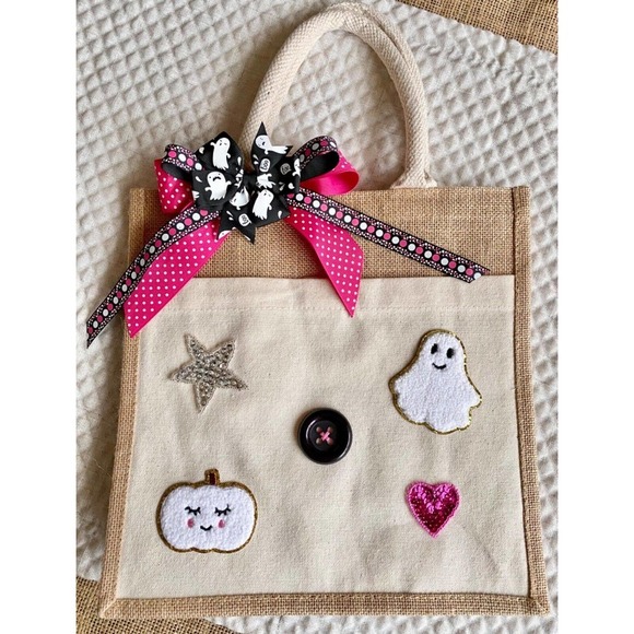 New Ghost Pumpkin Star Halloween Natural Jute Bag Tote Purse w/ Bow - Picture 3 of 10